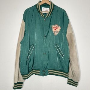 Vintage Chevignon Sportsmen Green Beige Suede Leather Varsity Jacket Size XXL